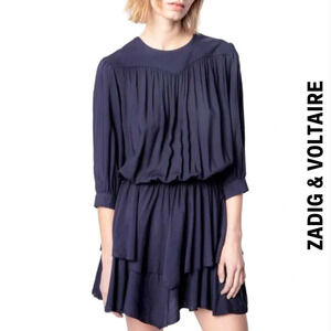 Zadig & Voltaire Navy Blue Rooka Tiered Roundneck 3/4 Length Sleeve Dress Large